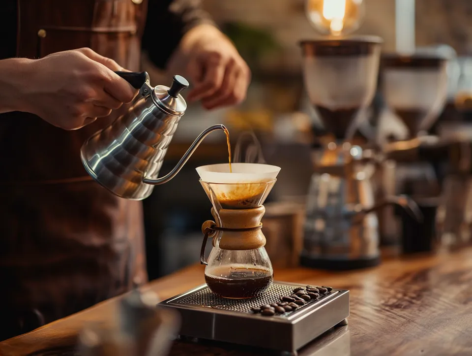 Coffee being poured over a glass pour-over brewer